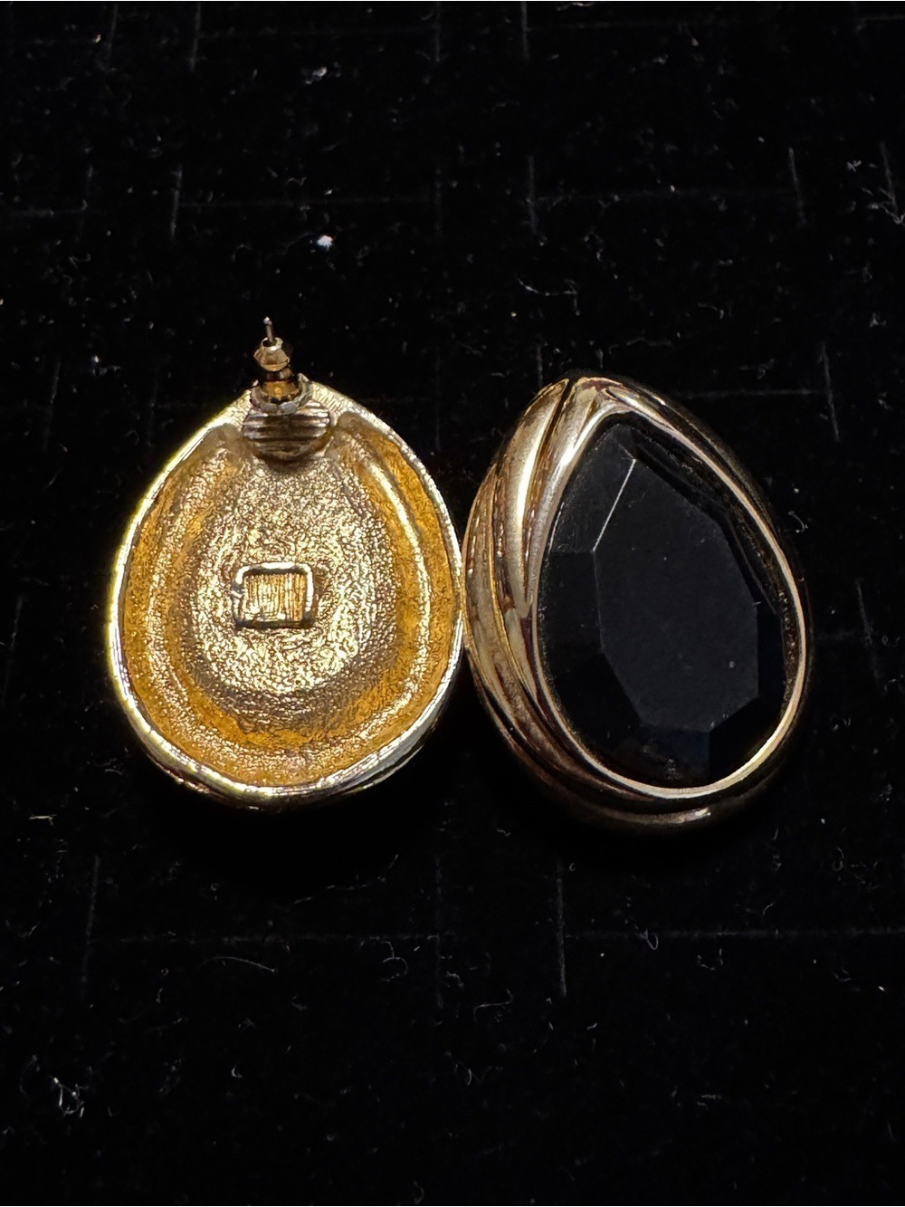 Vintage Gold Teardrop Earrings with Black Faceted Stones